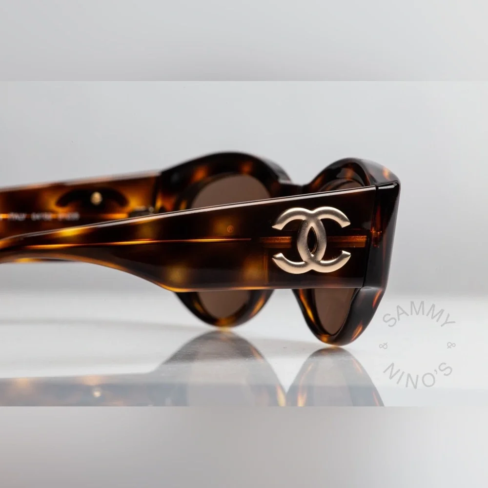 Auth CHANEL Havana Gold Tortoise Shell Sunglasses Gold CC Oval Cat eye ❤️‍🔥